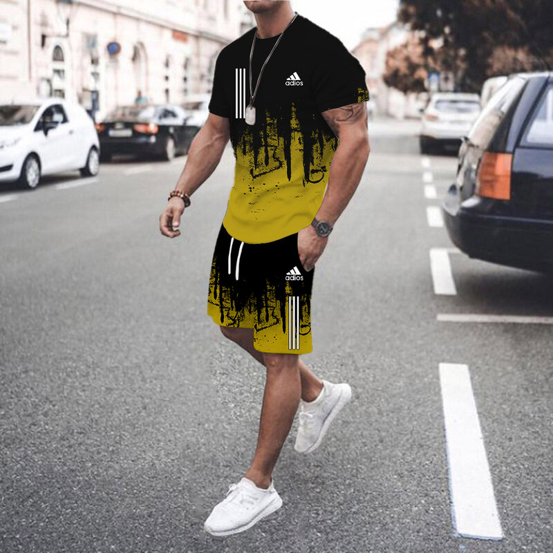 T-shirt moda sfumata da uomo estiva + pantaloncini set di abbigliamento sportivo casual, set di 2 pezzi a maniche corte per abbigliamento sportivo ad asciugatura rapida