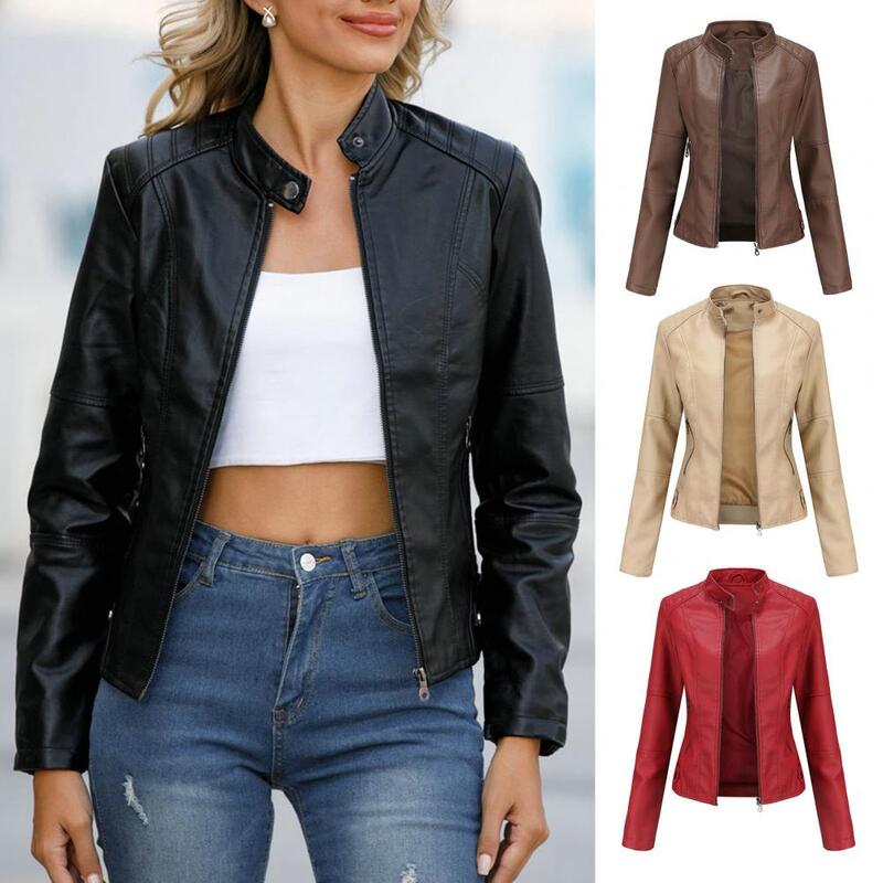 Jaqueta de motociclista de couro falso com gola para mulheres, jaqueta slim fit, design elegante, zíper, elegante