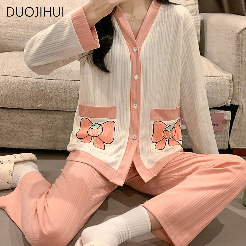DUOJIHUI-Pijama casual solto para mulheres, pijamas de duas peças, decote em v, cardigan doce, calça simples básica, moda em casa, outono, feminino