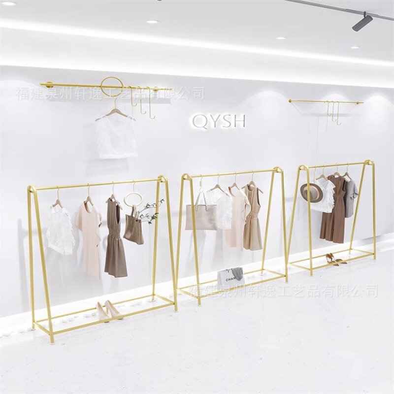 custom，Boutique Wall Mounted Set Clothing Racks Display Golden Rail Garment Rack
