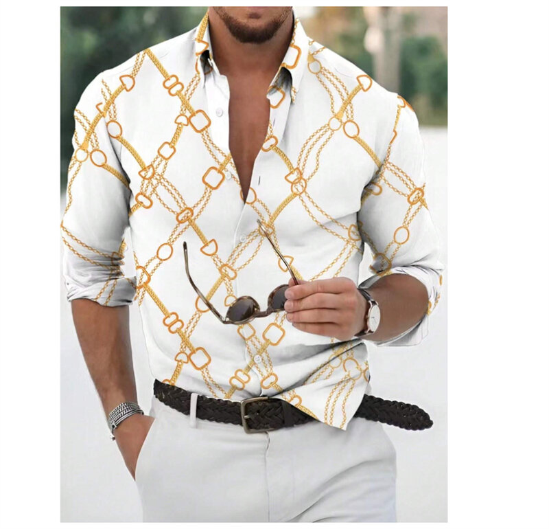 남성용 체인 패턴 프린트 칼라 셔츠, 단추 긴팔 셔츠, 스트리트 캐주얼, 고품질 의류, 여름 패션, 신상