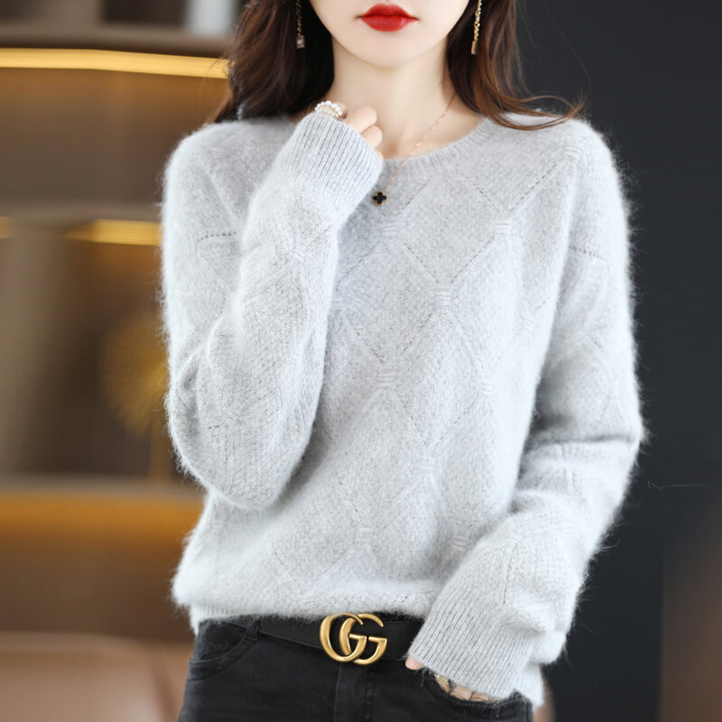 Sweter Kasmir Bulu Cerpelai Wanita 100% Sweter Rajutan Kerah CREW Sweter Cerpelai Ukuran Besar Atasan Musim Dingin Baru Pullover High-End Lengan Panjang