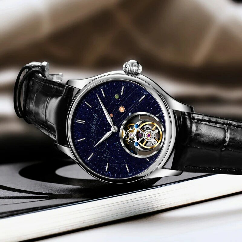 Super Aesop fliegende Tourbillon Uhr für Männer Milchstraße Stern Saphir Zifferblatt Luxus Stahlband männliche mechanische Armbanduhren