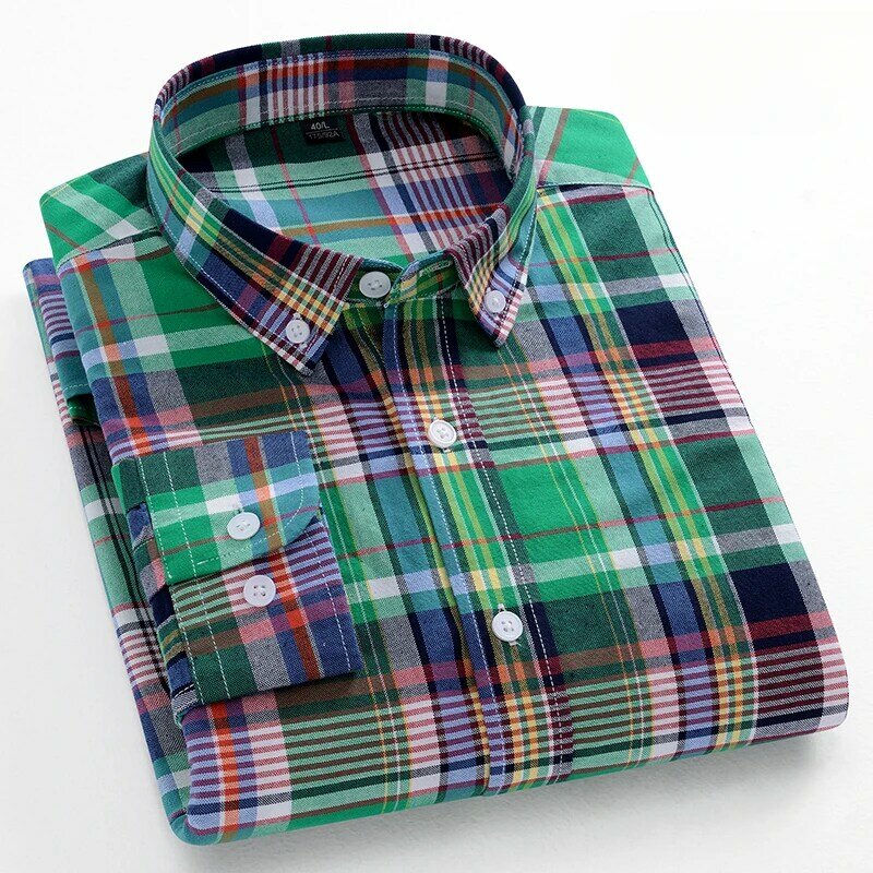 Camisas informales de manga larga para hombre, Camisa lisa ajustada, 100% algodón, tops a rayas a cuadros, ropa de diseño suave, tendencia coreana