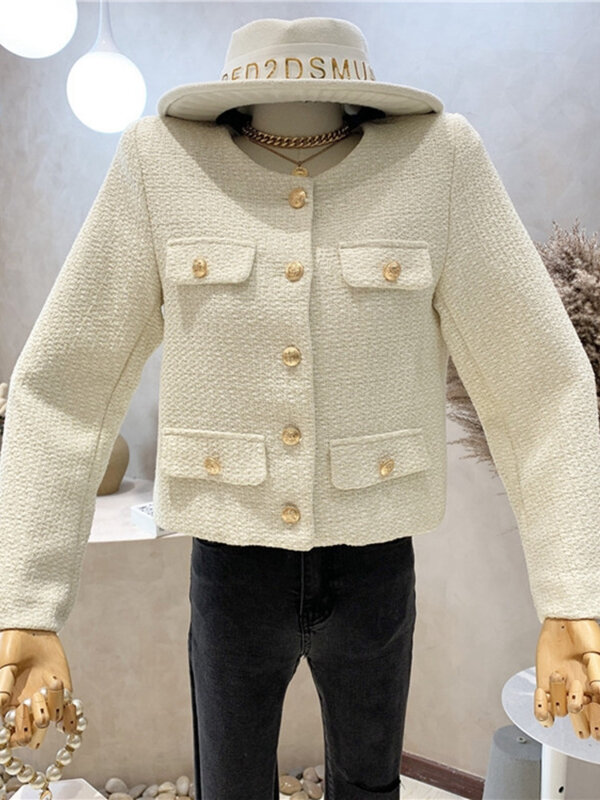 Jesienno-zimowa mała pachnąca tweedowa kurtka płaszcz kobiety w stylu Vintage wełniane krótkie płaszcze Streetwear elegancka dorywczo wąska bluza krótki Top