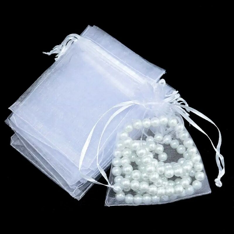 Bolsita de gasa de Organza con cordón para embalaje de joyería, bolsita blanca para regalo, 25/50 piezas