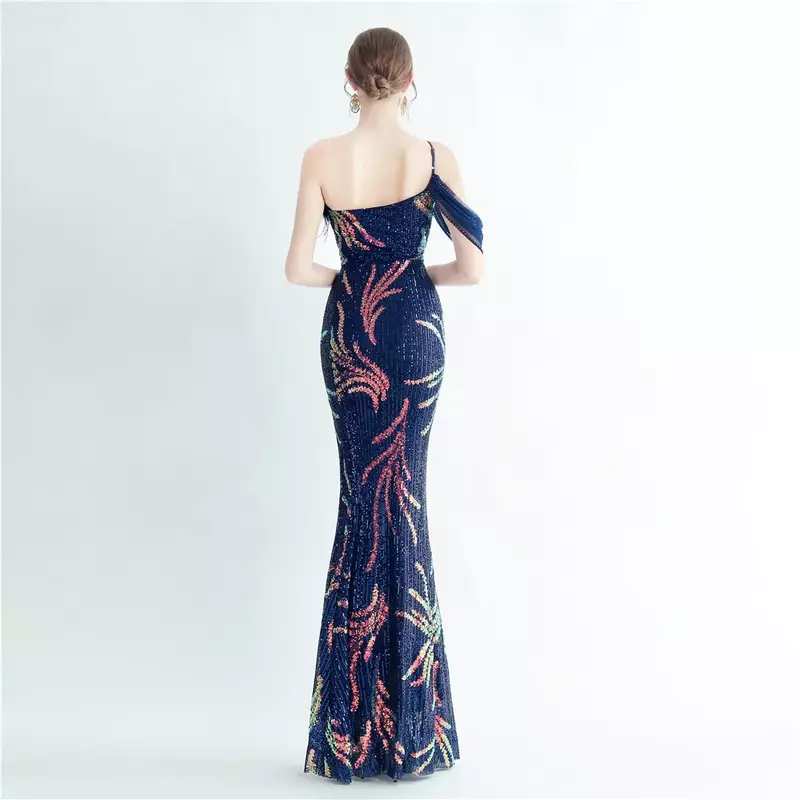 Sladuo Frauen asymmetrischen Ausschnitt eine Schulter Pailletten mit Feder lange Meerjungfrau Kleid sexy Split Party Kleider