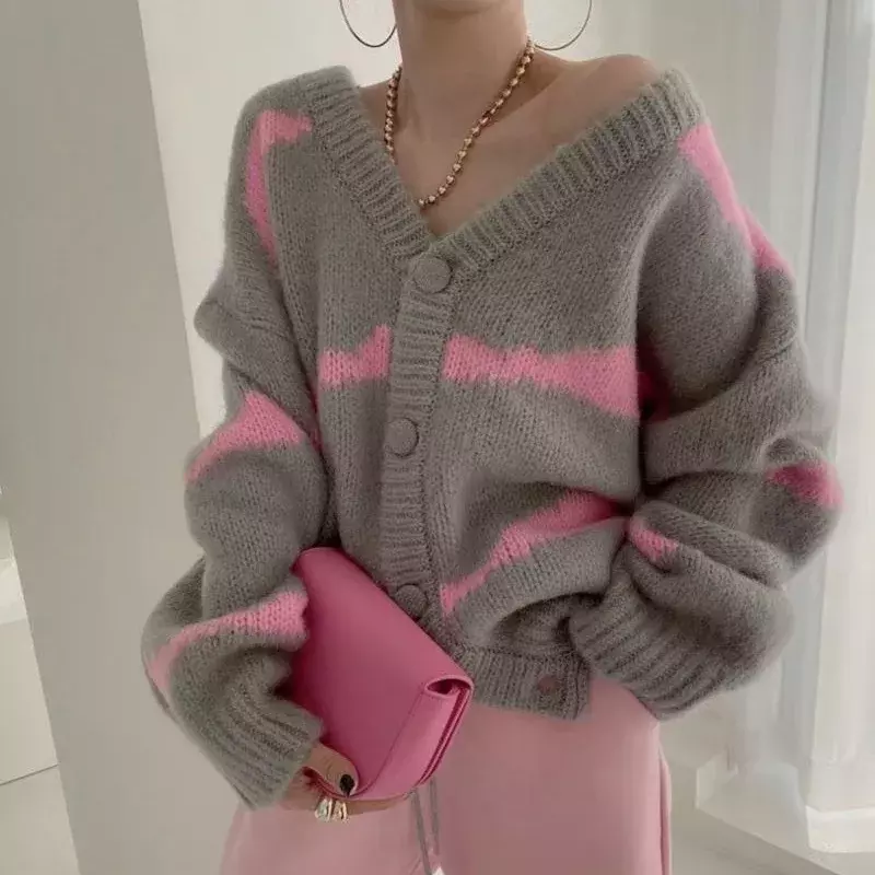 Wanita longgar bergaris sweater Korea longgar V-neck lengan panjang merajut jaket kardigan pakaian Blusa Feminina atasan Mujer 2023