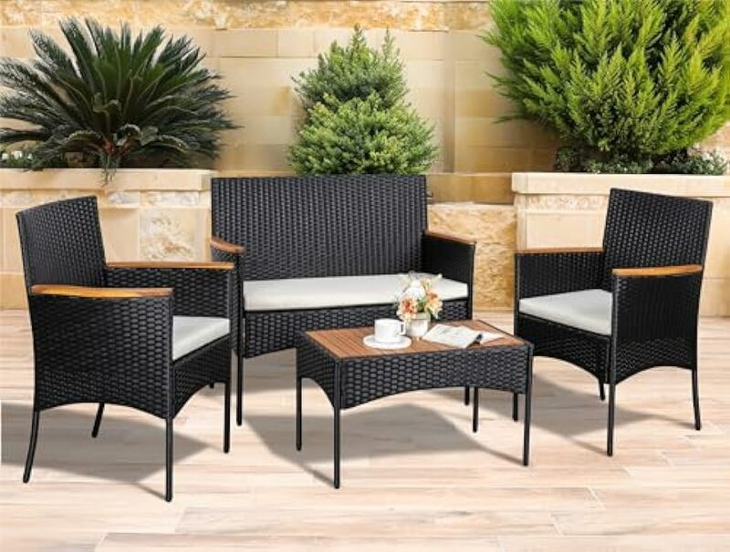 .CFurniture-Ensemble de 4 chaises de conversation en rotin WUNICEF, pour l'extérieur, pelouse, arrière-cour, piscine avec coussins et table, noir/beige