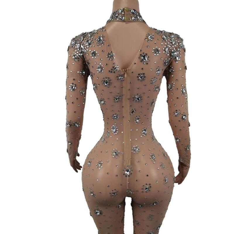 New Sparkling Silver Crystals Bodysuit Women Jazz Dance Nude Jumpsuit DJ Bar Show Sexy Nightclub DS Singer Rave Clothes Cuican