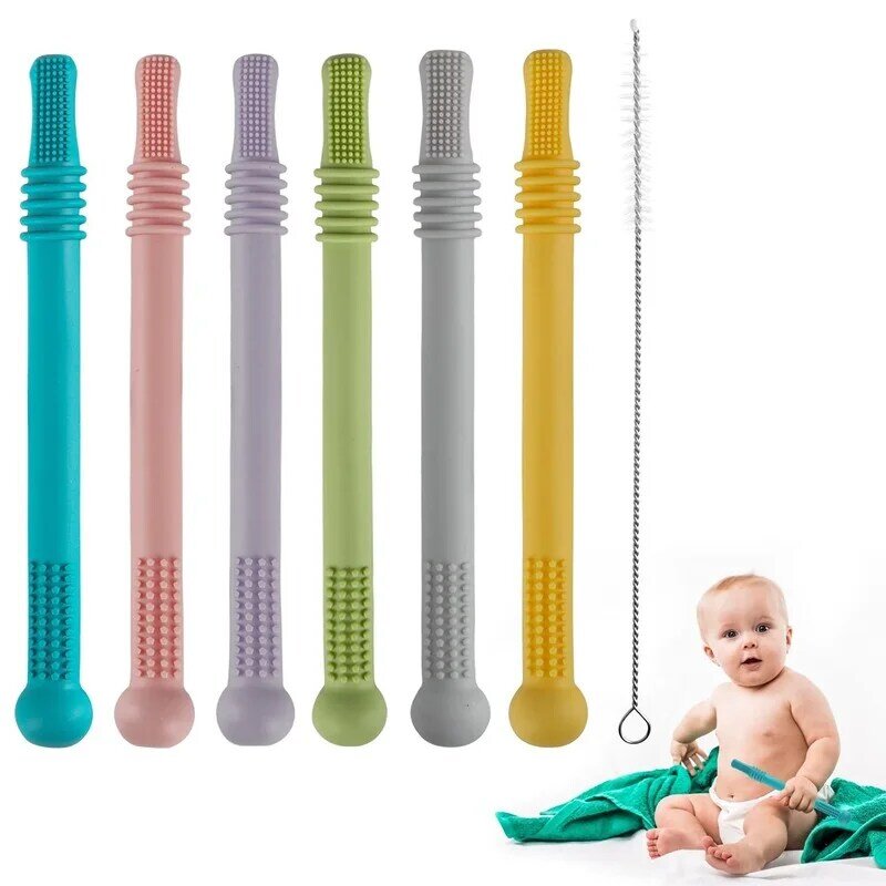 Juguete mordedor de tubo largo para bebés, palo de dentición de silicona de grado alimenticio, barra de tubo Molar masticable suave, RU EU