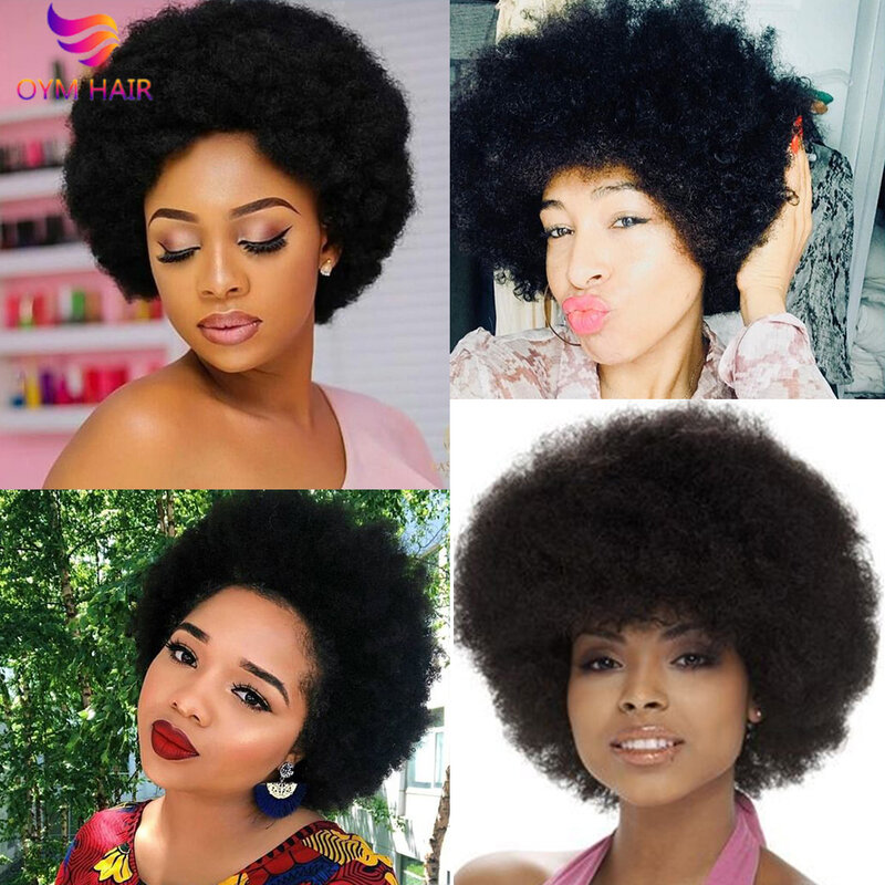 Pelucas cortas brasileñas Afro rizadas, pelo corto con cabello humano hecho a máquina, Color Natural