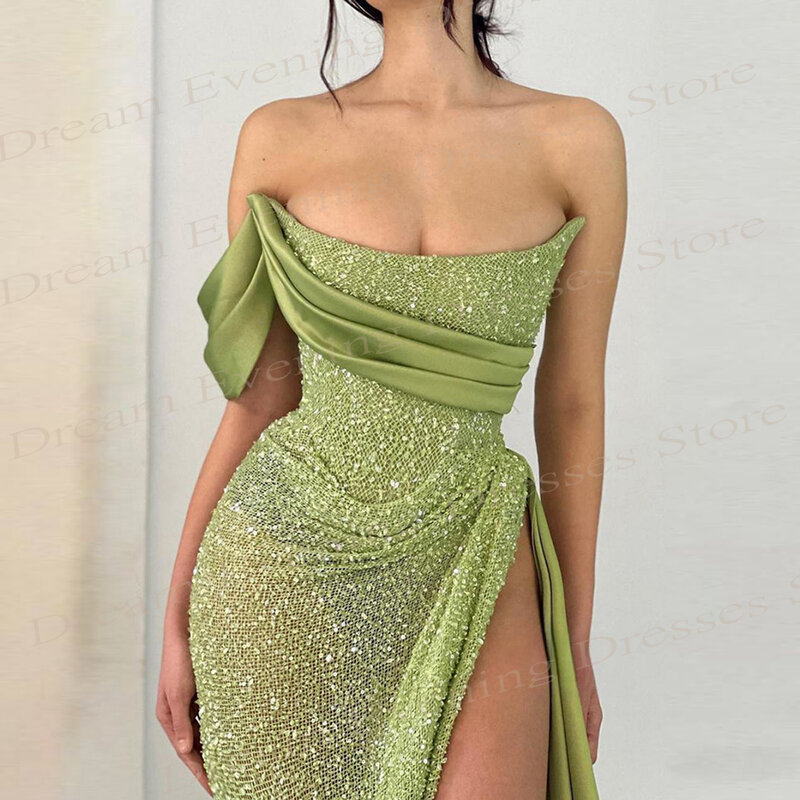 Gaun malam anggun putri duyung hijau Modern payet berkilau gaun Prom belahan tinggi seksi gaun pesta dansa satu bahu yang menawan