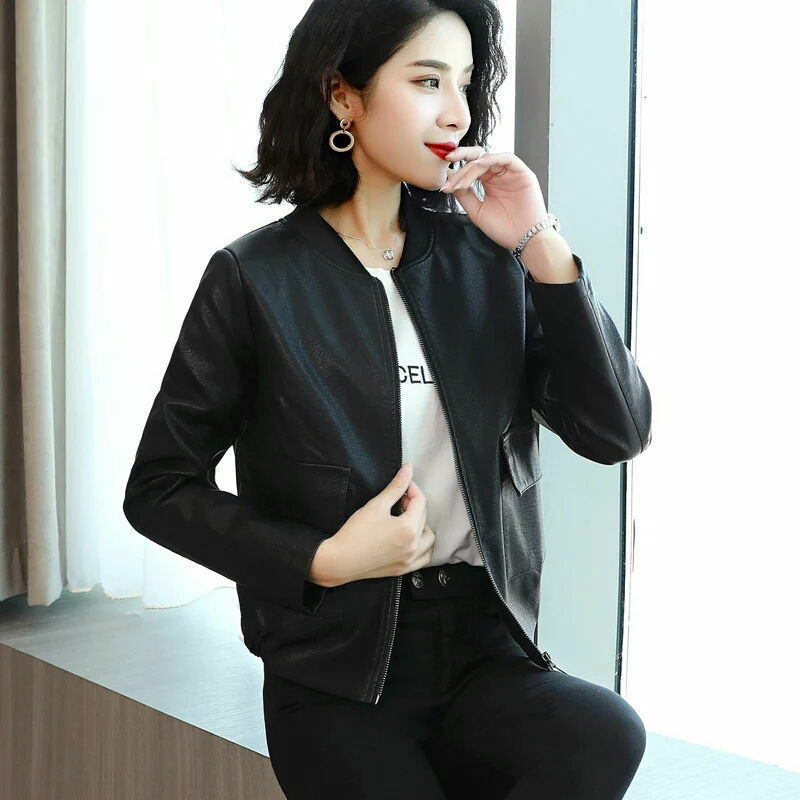 Adicionar algodão/sem algodão curto preto jaqueta de couro feminino outono inverno coreano solto uniforme de beisebol casual falso jaqueta de couro 4xl
