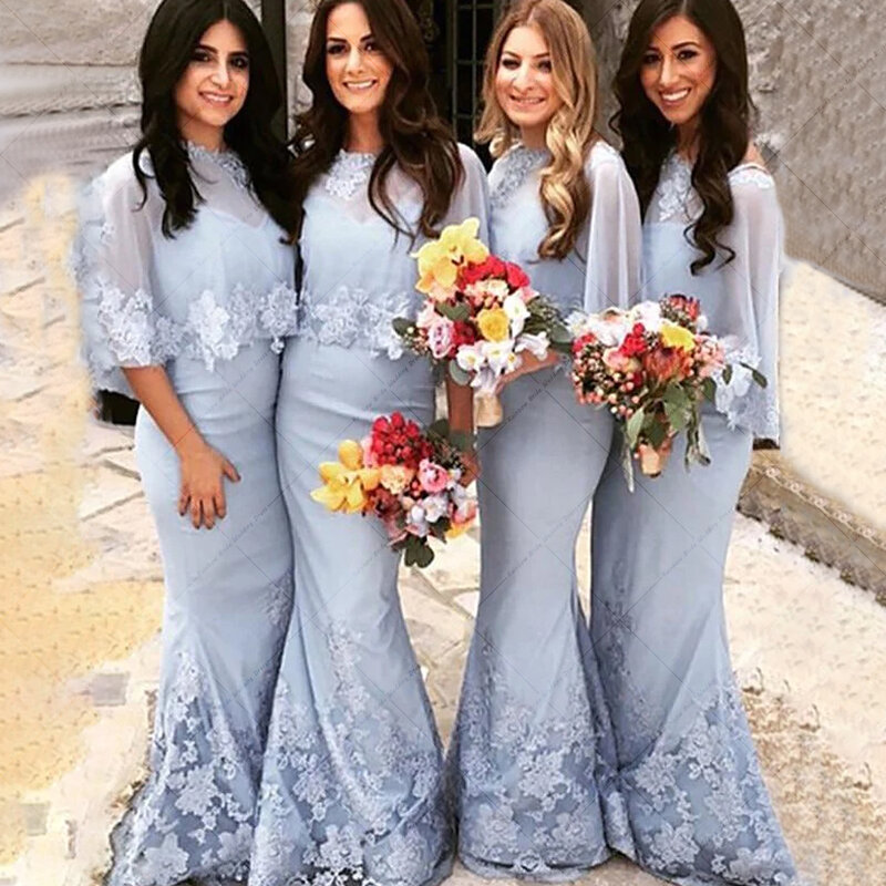 Elegant Appliques Sheath Bridesmaid Dresses With Detachable Robe Illusion Tulle Lace Sweep Train Wedding Party Gown For Women