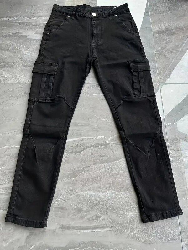 Men's Solid Pants With Multi Pockets Comfy Casual Street Style Trousers For Man Outdoor Activities Jeans Male Clothings