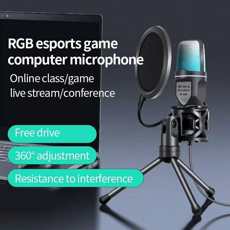 SF-666R USB Micro RGB Microfone Condensador Chơi Game Có Dây Mic Cho Podcast Phòng Thu Âm Phát Trực Tuyến Laptop Máy Tính Để Bàn