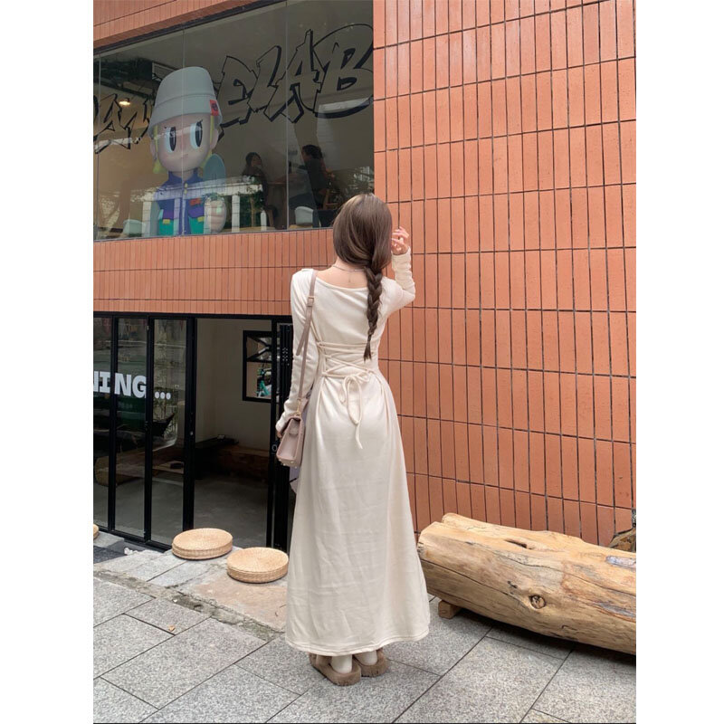HOUZHOU Dress Maxi kerut pinggang tinggi untuk wanita, Gaun panjang rajut gaya Korea Vintage elegan musim gugur musim dingin