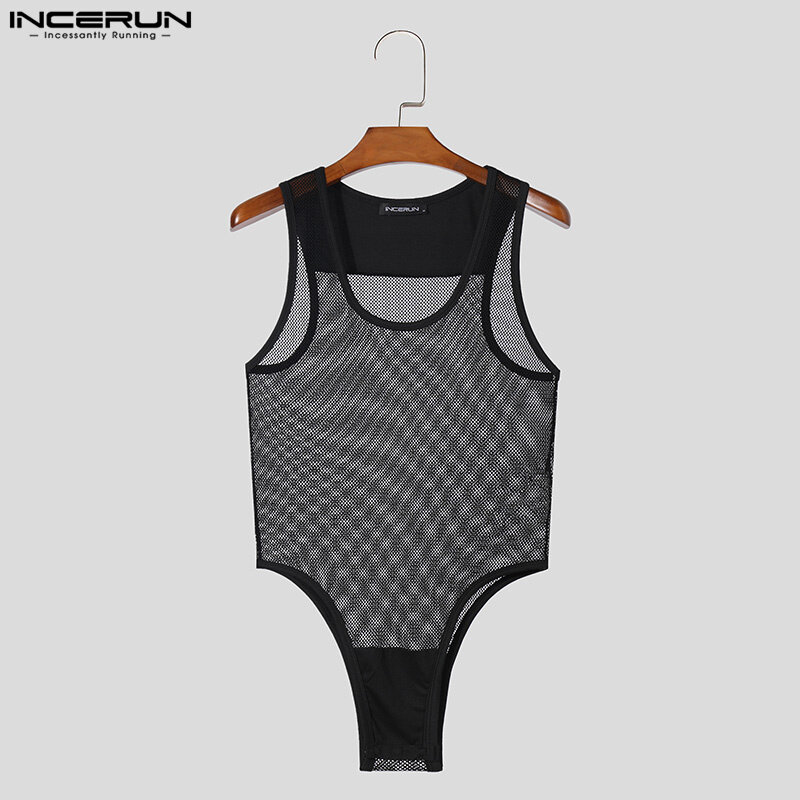 Seksi baru pakaian rumah jumpsuit tipis transparan Mesh Romper INCERUN 2024 mode Splicing tanpa lengan segitiga bodysuit S-5XL