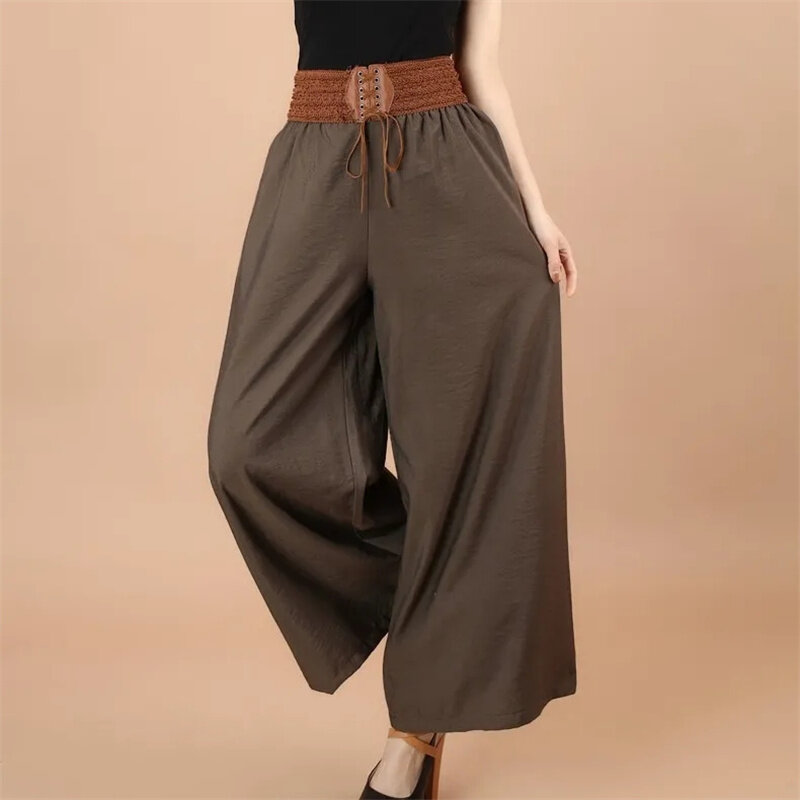 Pantalones de pierna ancha para mujer, pantalón de lino y algodón, cintura alta, elástico, talla grande, cuadrado, suelto, Verano