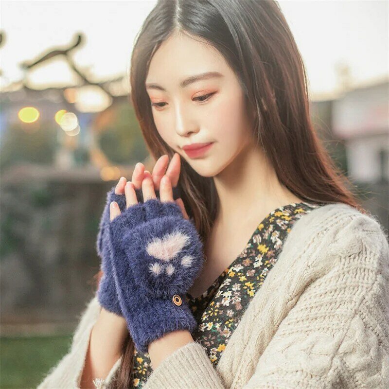 ถุงมือผู้หญิงหญิงสาวสำหรับเด็กผู้หญิง, ถุงมือครึ่งนิ้วให้ความอบอุ่นในฤดูหนาวน่ารักตุ๊กตาหมีนุ่มนิ่มสำหรับแมวของขวัญใหม่2023