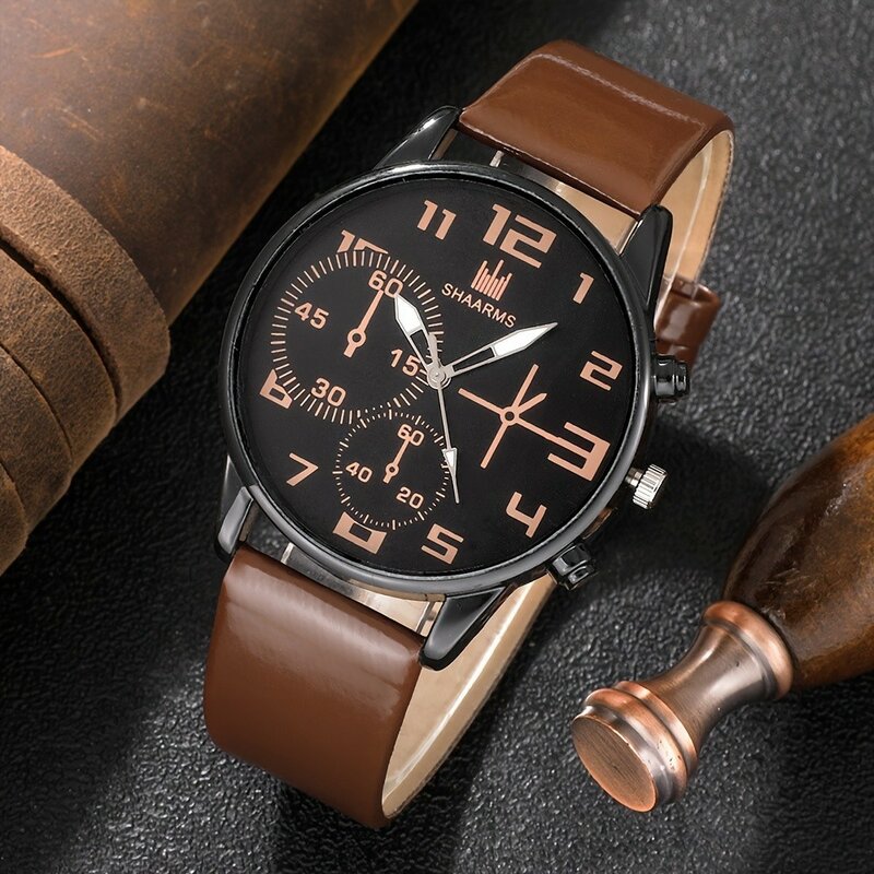 Kegllect 5 szt. Męski zegarek kwarcowy okrągła tarcza skórzany pasek zegarka zestaw bransoletek idealnym wyborem na prezenty (bez pudełka)
