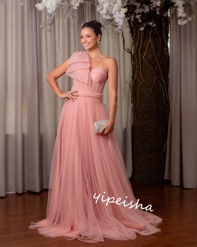 Tulle Draped Bow Christmas Ball Gown One-shoulder Bespoke Occasion Gown Long Dresses