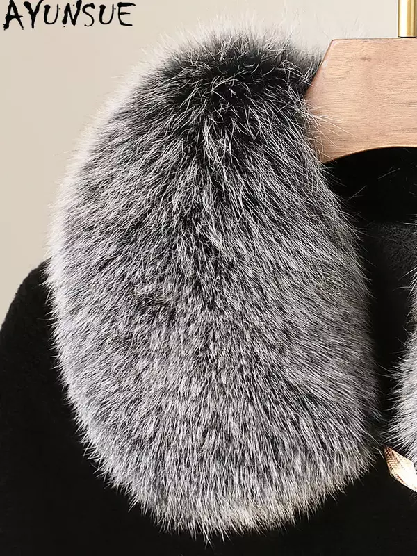 High Quality 100% Wool Jackets For Women 2024 Winter Elegant Sheep Shearing Coat Women Fur Coats Fox Fur Collar Jackets Casacos
