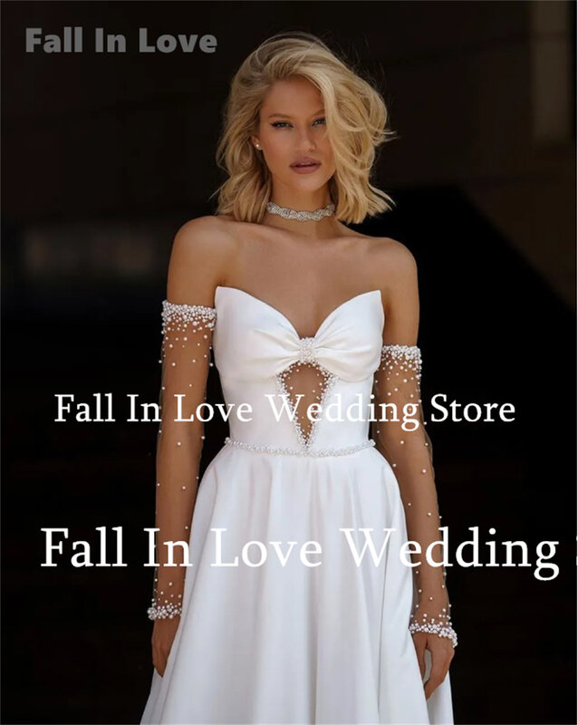 Jatuh cinta gaun pernikahan putih seksi Sayang leher tanpa lengan manik-manik applique A-Line Satin gaun pengantin panjang lantai Vestidos