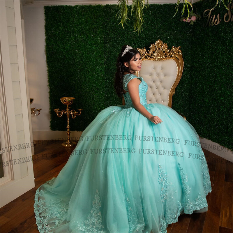 Fanshao Trendy Rhinestones Girl Princess Birthday Party Ball Dress Appliques Tulle Cap Sleeves Lace Up Pleat Vestidos De Baile