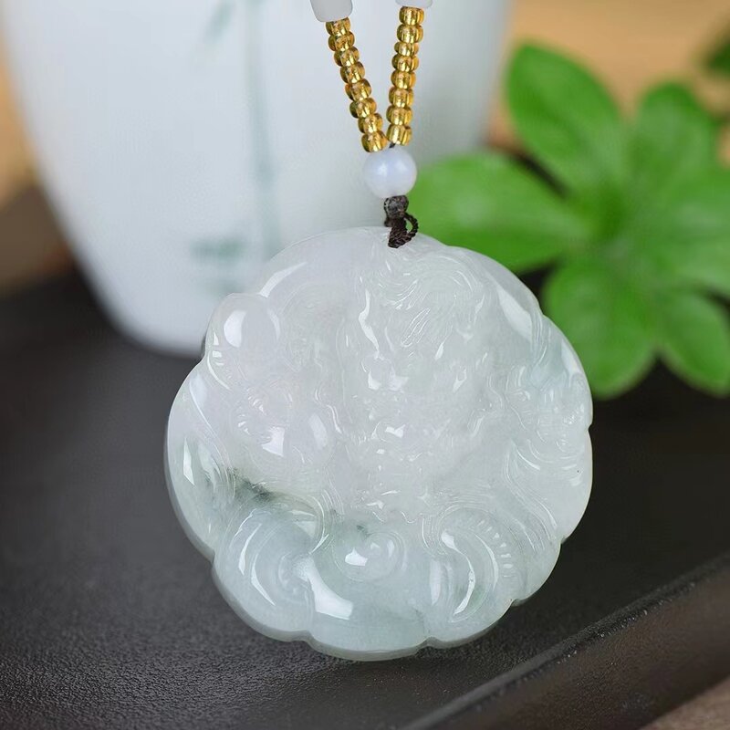Tianshan Jade Pingente para Homens e Mulheres, Colar de Pedra Natural Ice Green, Amuleto Auspicioso Dragão, Encantos Jóias, 50mm