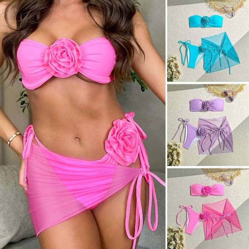Summer Bathing Suit Stunning 3d Rose Bikini Set with Lace-up Trunks Overskirt Tummy Control One Piece Swimsuit for Women Summer