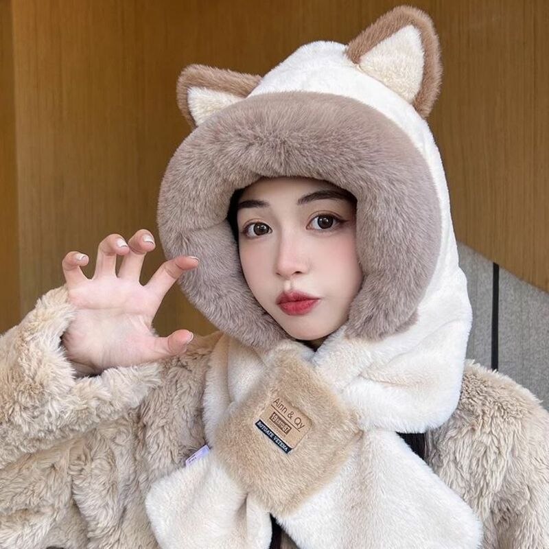 New Fashion Plush Cap Scarf Set Soft Ear Protection Windproof Beanie Hat Scarf Thickening Hooded Scarf Integrated Cap Scarf