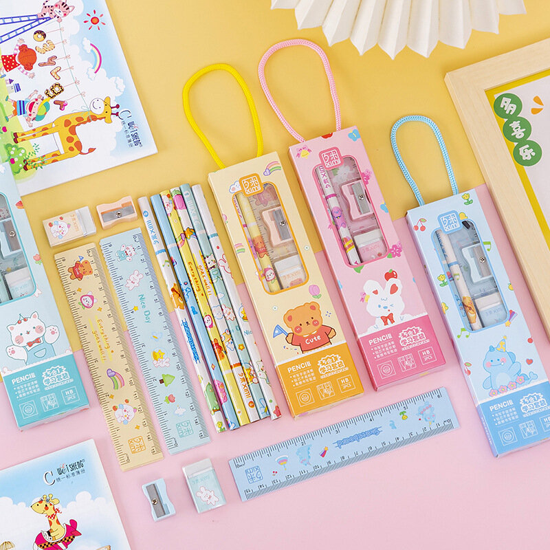 5Pcs/Set Portable Cute Stationery Set, Writing Tools, Pencil Rulers, Pencil Sharpeners, Erasers, School Supplies, Handheld Gift