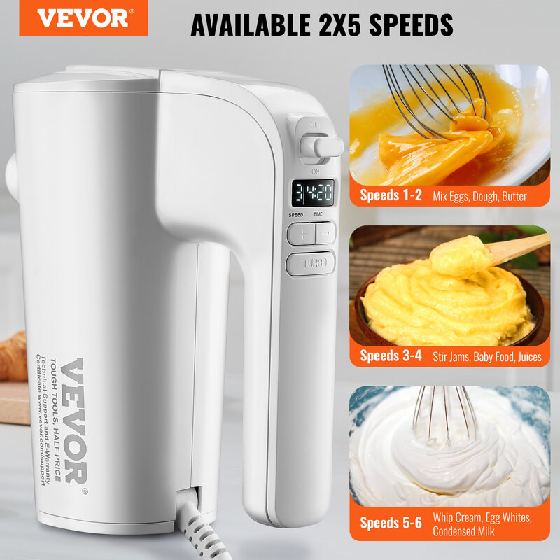 VEVOR Digital Electric Hand Mixer 5-Speed  Dough Hooks Whisk Storage Bag Baking Supplies for Whipping Mixing Egg Cookie Cake
