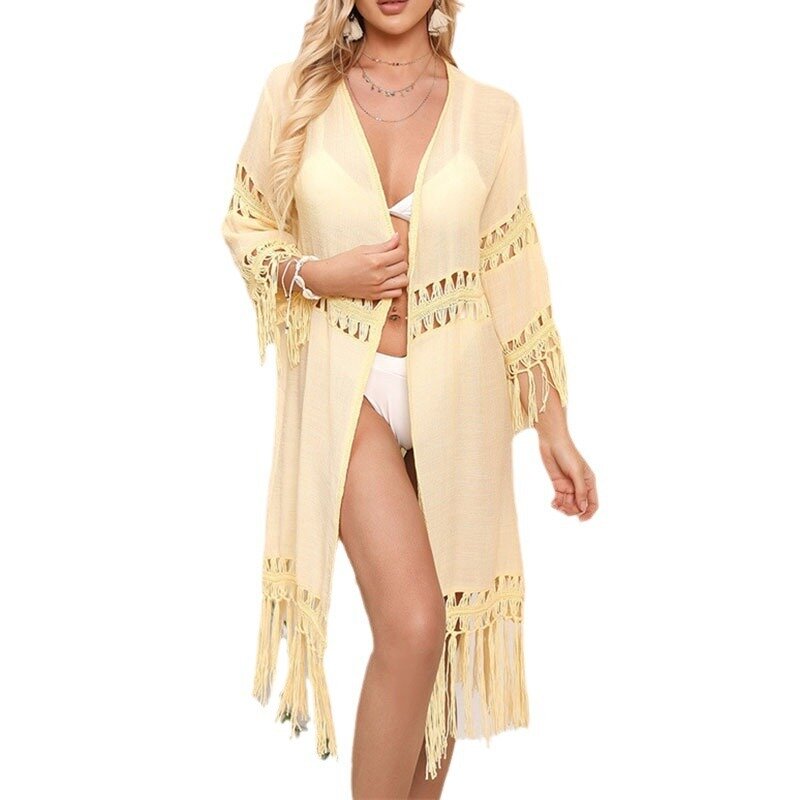 WeHello - Spring New Women's Bamboo Joint Hand Hook Tassel Beach Cover Up Sexy Cardigan Loose Bikini Cover Up
