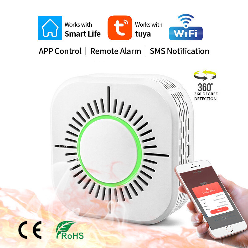 WiFi Function Tuya Smart Life Family Parlor Child Room Home Kitchen Smoke Detector PIR Sound Light Alarm Sensor