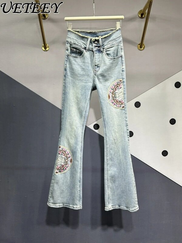 Pantalon évasé taille haute pour femme, jean amincissant, patch brodé, serré, style chinois, marchandises européennes, printemps, nouveau