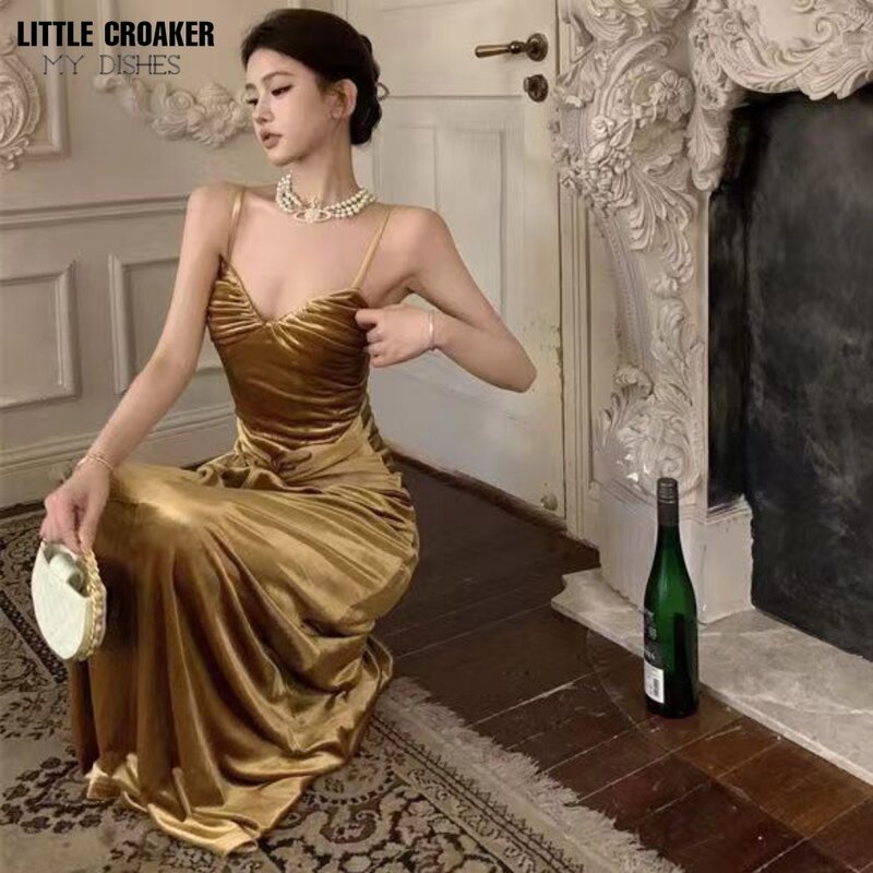 Abiti da sera da donna in oro con cinturino a Spaghetti arricciato abito lungo formale di lusso elegante da donna