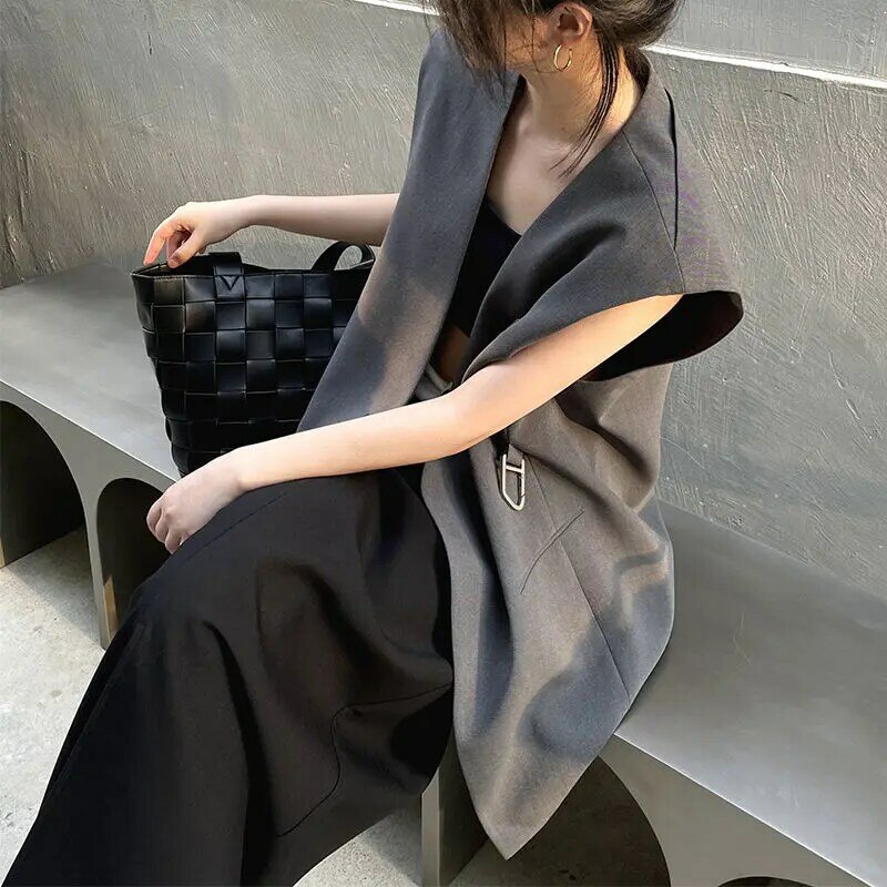 Shpmishal 여성용 칼라 없는 세트 조끼, 한국 루즈한 중간 길이 민소매 코트, 여성 의류, 새로운 디자인 감각, 2024 여름
