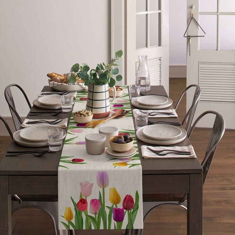 Corredores de mesa de lino con flores de tulipán de Pascua, bufandas de tocador, Decoración de mesa de primavera, camino de mesa de comedor de granja, decoraciones de boda