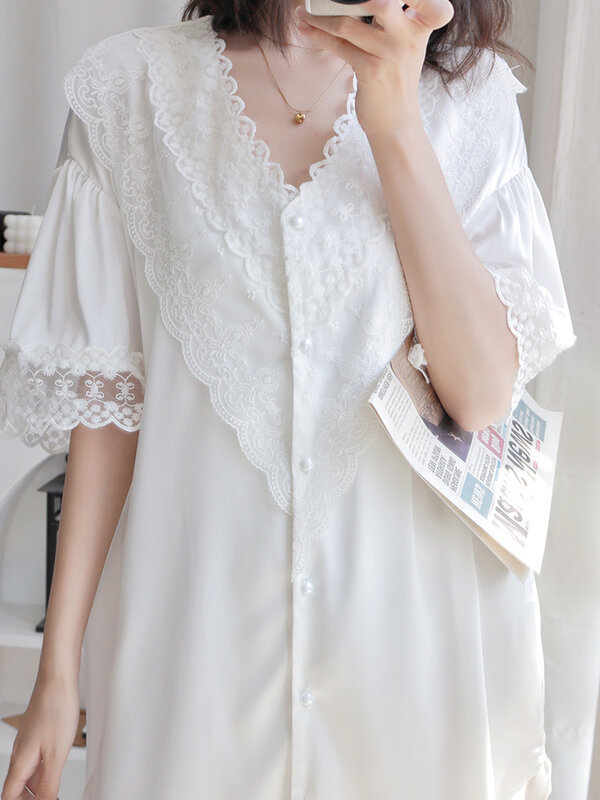 Женская шелковая ночная рубашка в стиле бойфренда, кружевная пикантная летняя Тонкая шелковая пижама средней длины на весну и осень