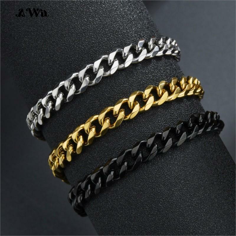 Awit Mens Simple 3-11mm Stainless Steel Curb Cuban Link Chain Bracelets for Women Unisex Wrist Jewelry Gifts