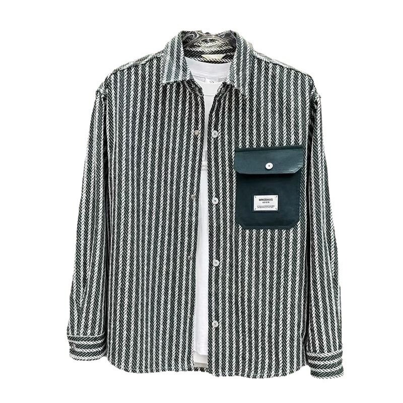 New men's striped color blocking trend in spring autumn versatile casual jacket fashionable long sleeved versatile lapel shirt
