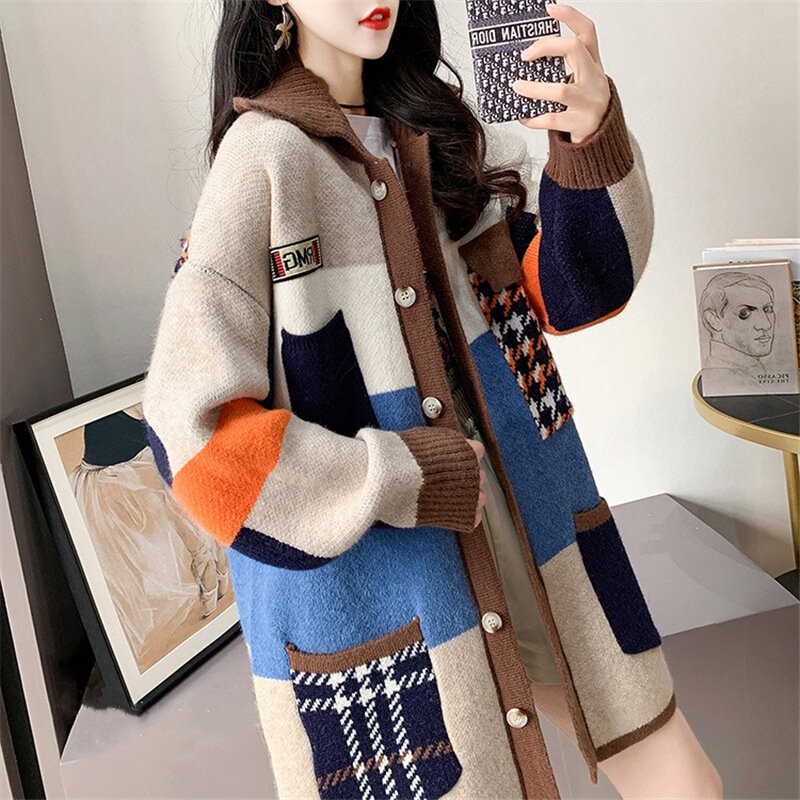 SUSOLA-cárdigan largo con estampado de contraste para mujer, suéter de gran tamaño con botones y bolsillo, chaqueta de calle, abrigo de otoño e invierno