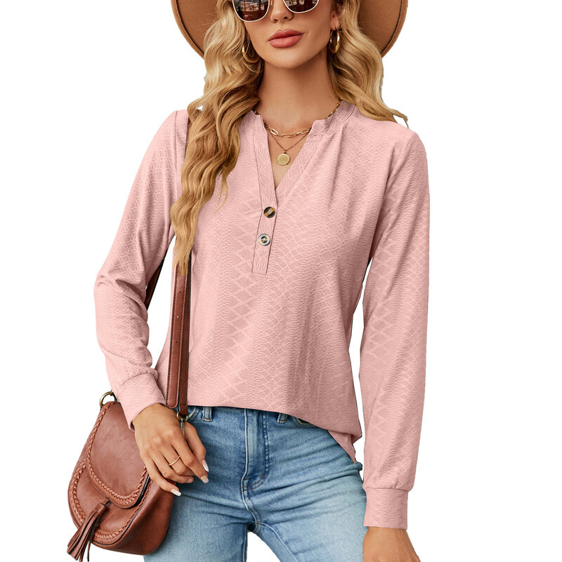 Spring and Autumn Solid V-Neck Button Jacquard Loose Fit T-shirt Casual Urban Style Pullover Button Long Sleeve Top for Women