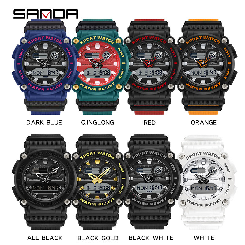 SANDA New Dual Display Military Men's Watches Top Brand Luxury 50M Waterproof Casual Outdoors Sport Men's Quartz Wristwatch