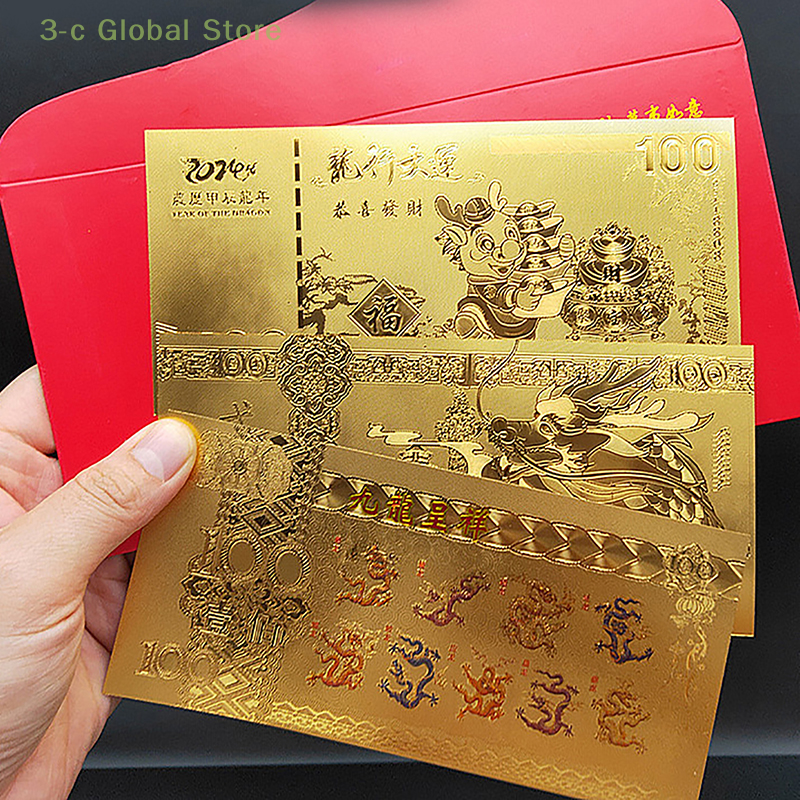 2024 Naga Tahun catatan koin berlapis emas merayakan catatan peringatan untuk koleksi dekorasi rumah tas beruntung hadiah tamu kerajinan