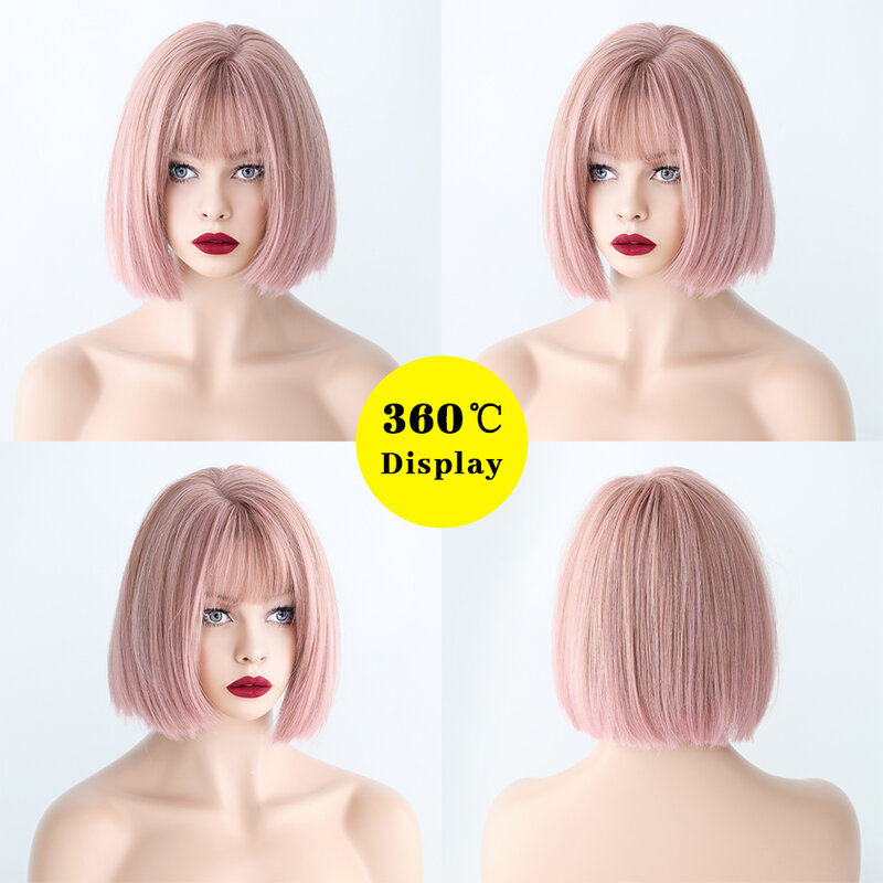 Truskawkowe różowe krótkie proste włosy Bob peruka z grzywką peruka damska żaroodporne peruki syntetyczne Cosplay Lolita Party codziennego użytku