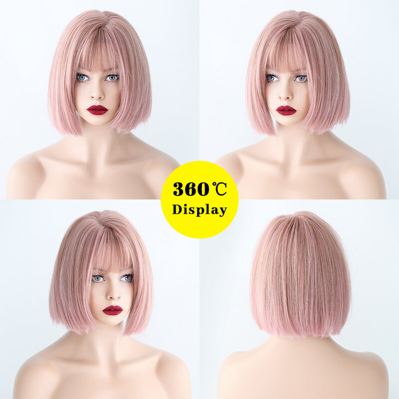 Strawberry Pink Short Straight Hair Bob Wig with Bangs Women Wig Heat Resistant Synthetic Wigs Cosplay Lolita Party Daily Use